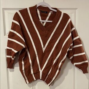 Brown and White Striped V-Neck Sweater size Junior L